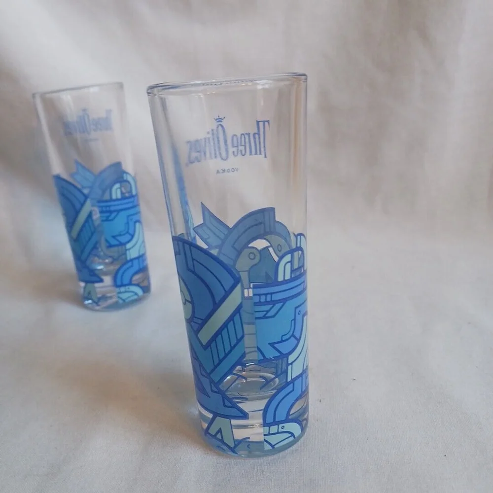 Three Olives Vodka Shot Glasses Blue Aztec Set of 2